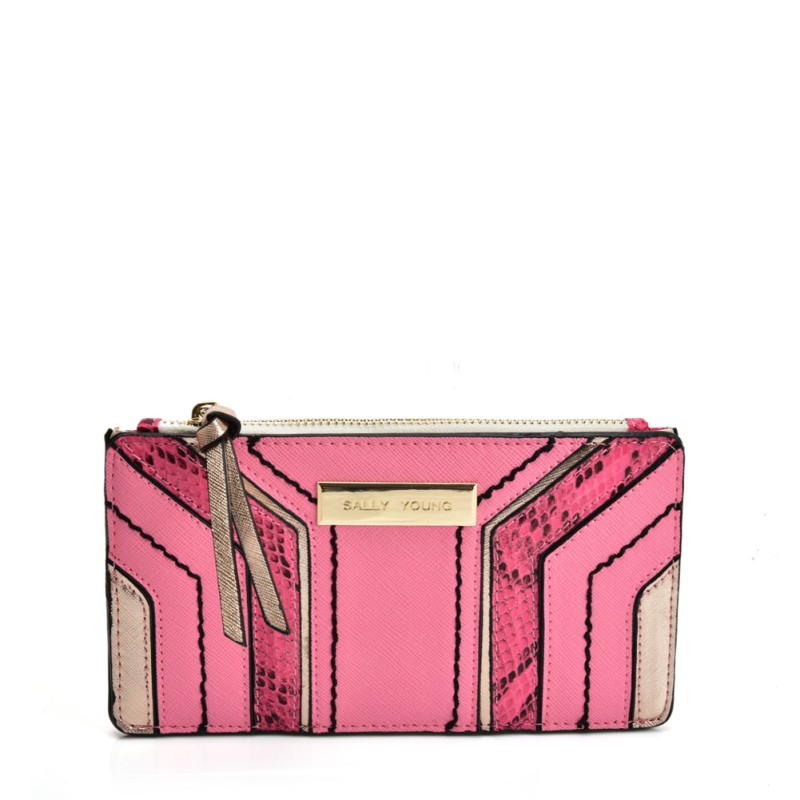 SY5058 PINK Snake Skin Pattern Wallet With Color Collision Design